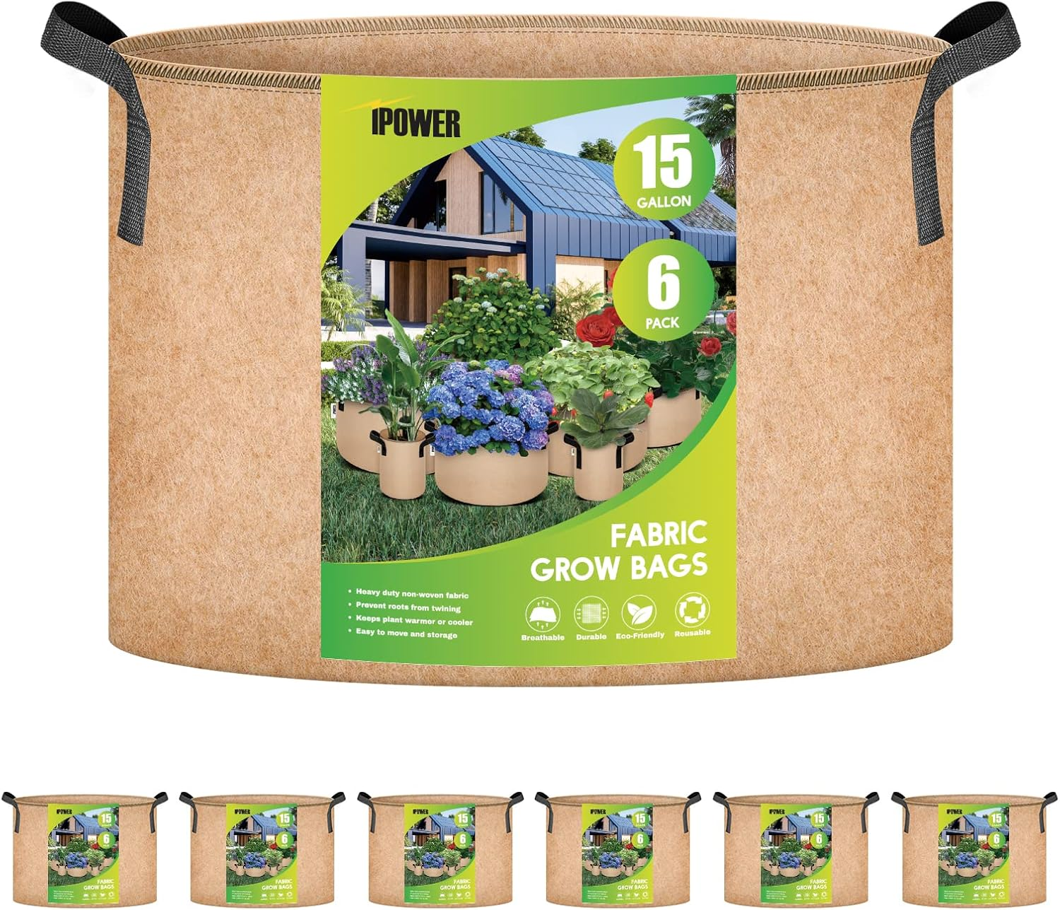 Ipower Plant Grow Bag 15 Gallon 6-Pack Heavy Duty Fabric Pots, 300G Thick Nonwoven Fabric Containers Aeration with Nylon Handles, for Planting Vegetables, Fruits, Flowers, Tan 2022 Version image number 5
