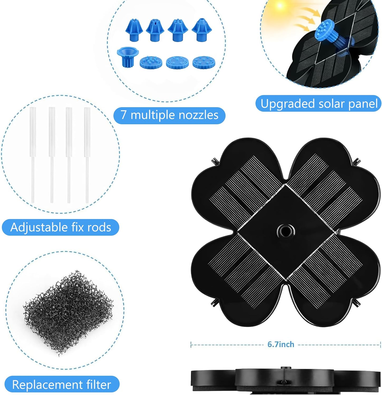 Reelau 3.5W Solar Fountain for Bird Bath, Clover Floating Solar Bird Bath Fountain with 7 Nozzles, 18CM Dia Bird Bath Solar Fountain Water Feature Floating Fountain for Garden, Patio, Pond image number 4