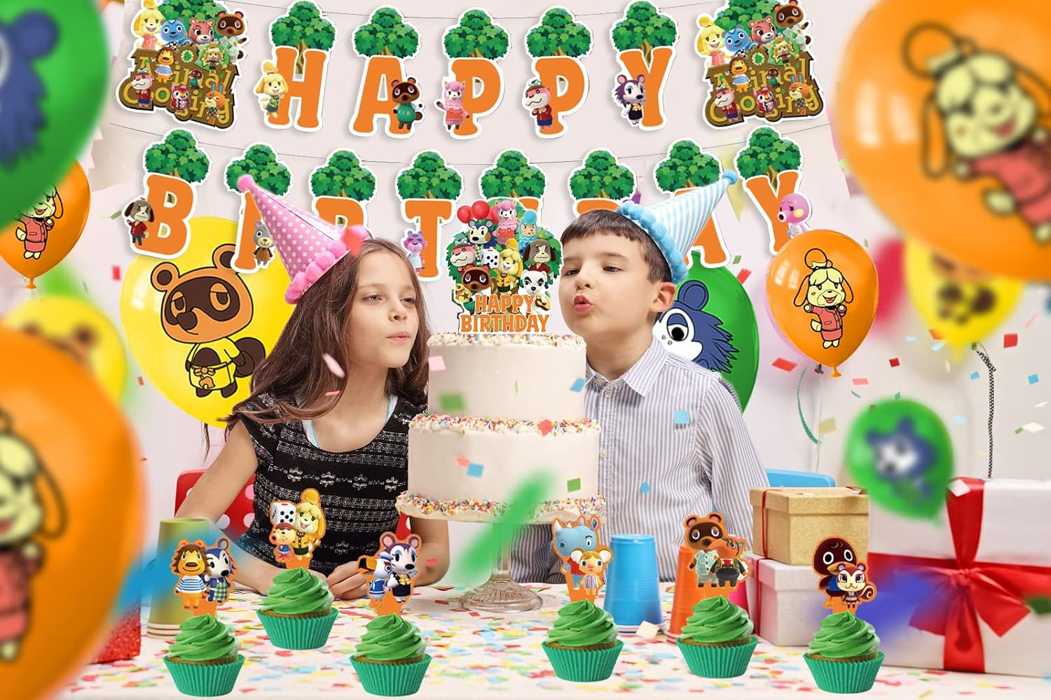 Animal Crossing Birthday Decoration, 32 Pieces, Animal New Horizons Birthday Balloons, Animal New Horizons Theme Birthday Banner, Animal Crossing Cake Topper, for Children'S Birthday Decoration image number 1