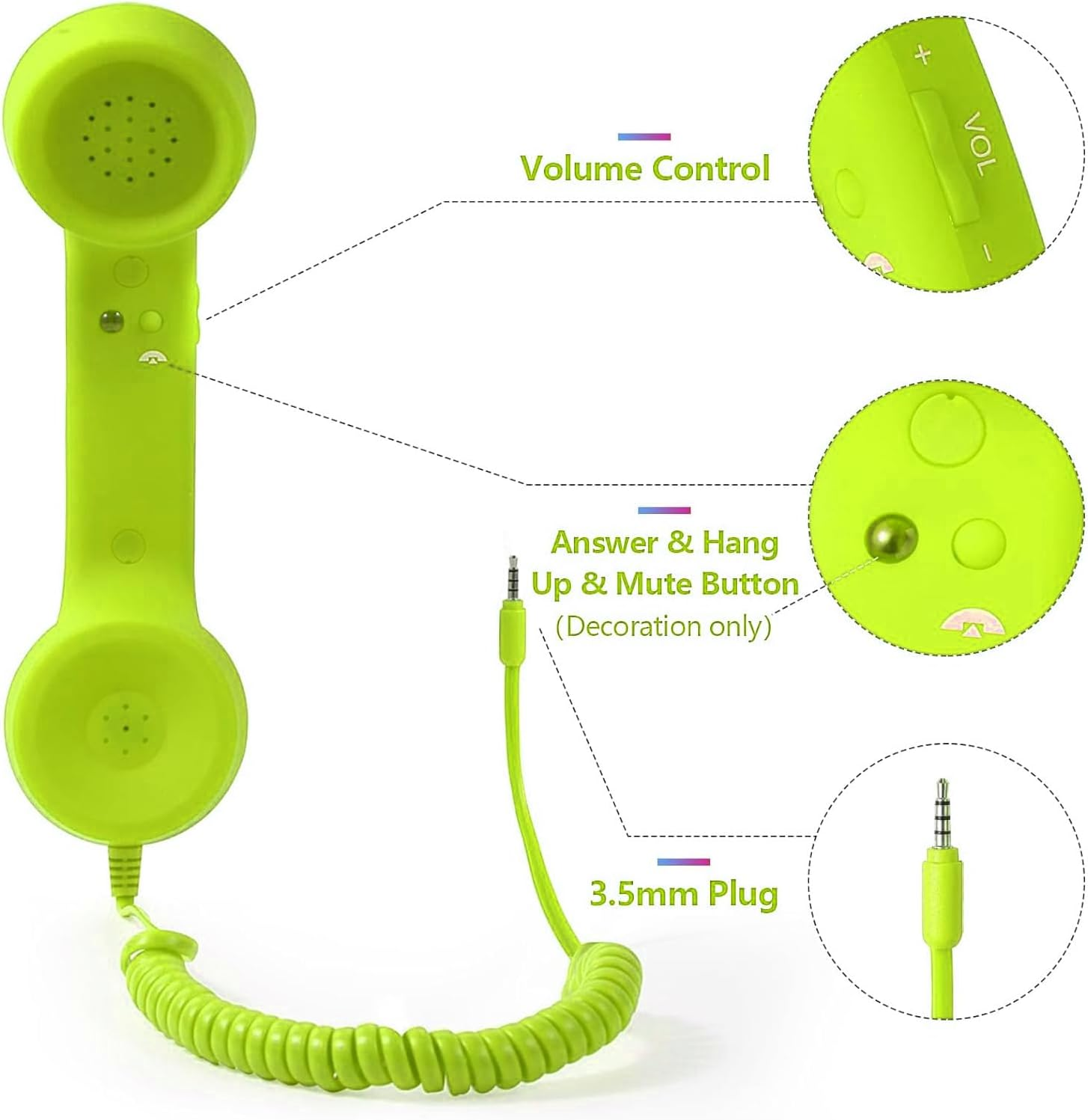 Vintage Retro Telephone Handset, Radiation Proof Cell Phone Receiver MIC Microphone for Cellphone Smartphone, 3.5 Mm Socket with USB C (Green) image number 2