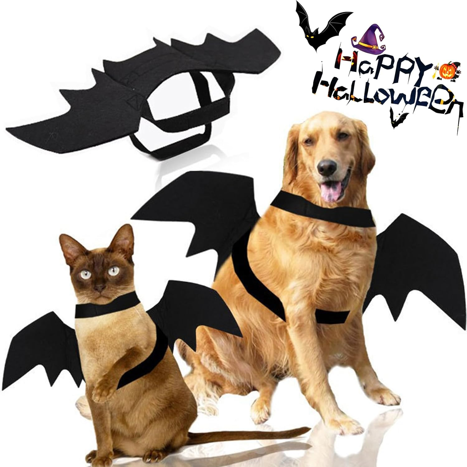 Cat Halloween Costume Dog Bat Wings, Halloween Cat Costume Pet, Includes Bat Wings Dog and Pumpkin Bells, for Pet Halloween Party, Cosplay for Pets (M) image number 1