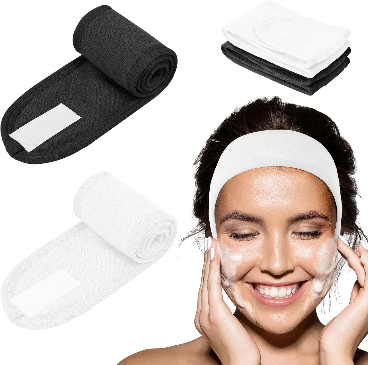 LOPHE 6 Pack Spa Headband, Facial Makeup Hair Wrap with Adjustable Magic Sticker, Women Skincare Headband, Washband for Shower, Headband for Washing Face Shower Sports (White)