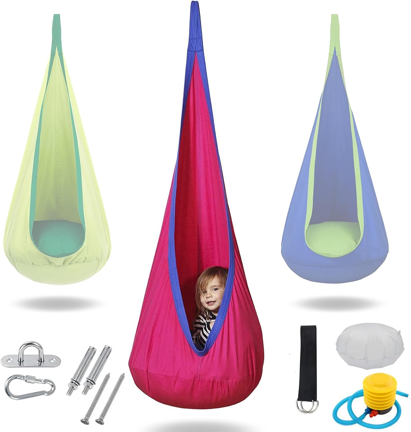Visuivit Kids Pod Swing Seat, Cotton Child Chair with Inflatable Pillow, Sensory Swing Chair with Pocket for Outdoor and Indoor, Max 170Lbs/77Kg (Red)
