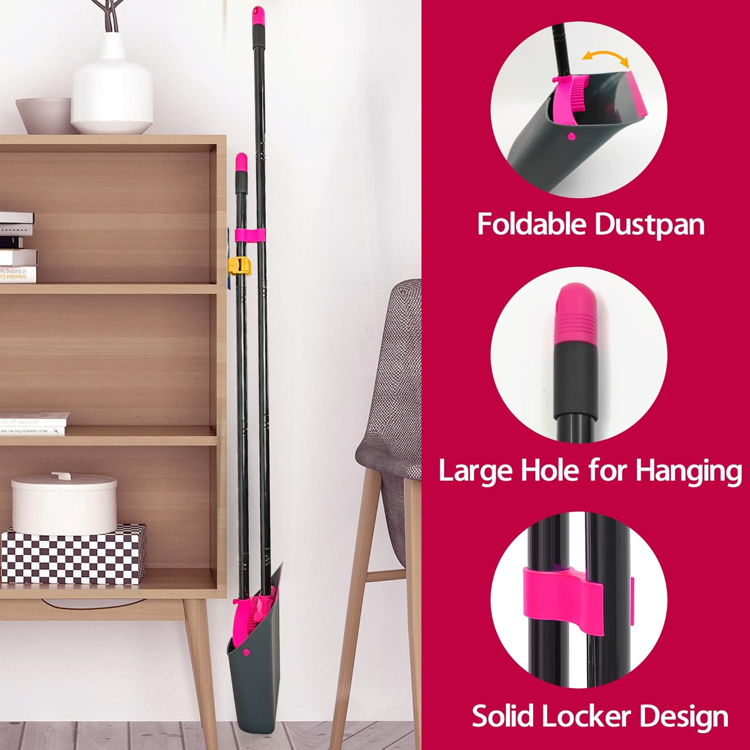 JEHONN Broom with Dustpan Combo Set, Long Handle Lightweight Indoor Broom Set, Upright Standing Dust Pan with Comb Teeth Store Sweep Set for Home Room Kitchen Office Lobby (Rose Red) image number 4
