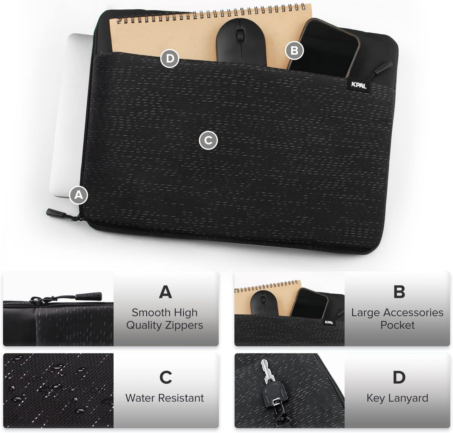 JCPAL 15 16-Inch Transit Sleeve Laptop Computer Sleeve Carrying Case Bag Waterproof Padded with Handle and Large Accessories Pocket for Macbook Air 15" Pro 16" Lenovo ASUS HP Dell Samsung Surface image number 6