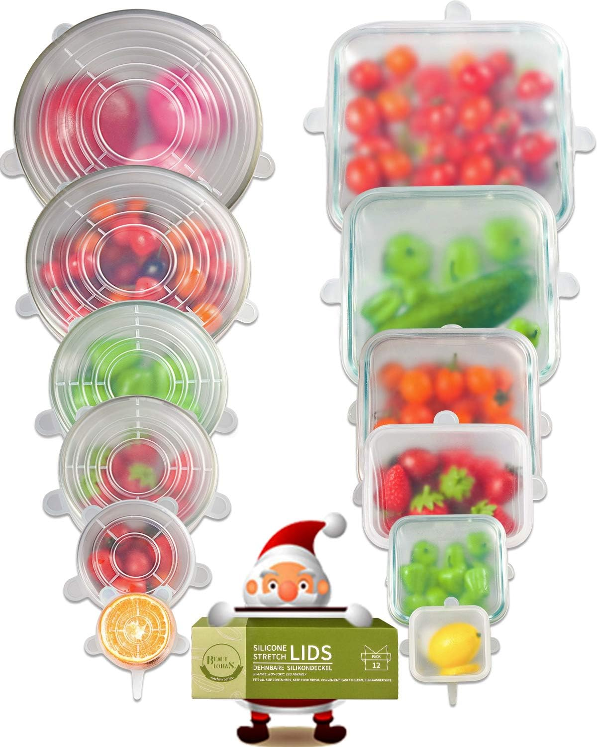 BEAUTLOHAS. Stretchy Silicone Lids, Pack of 12 Silicone Lids, Stretchy & Reusable in Various Sizes, Fresh Lid Stretch Lid for Bowls, Cups, Cans, Fruit (6 Rounds + 6 Square) image number 1