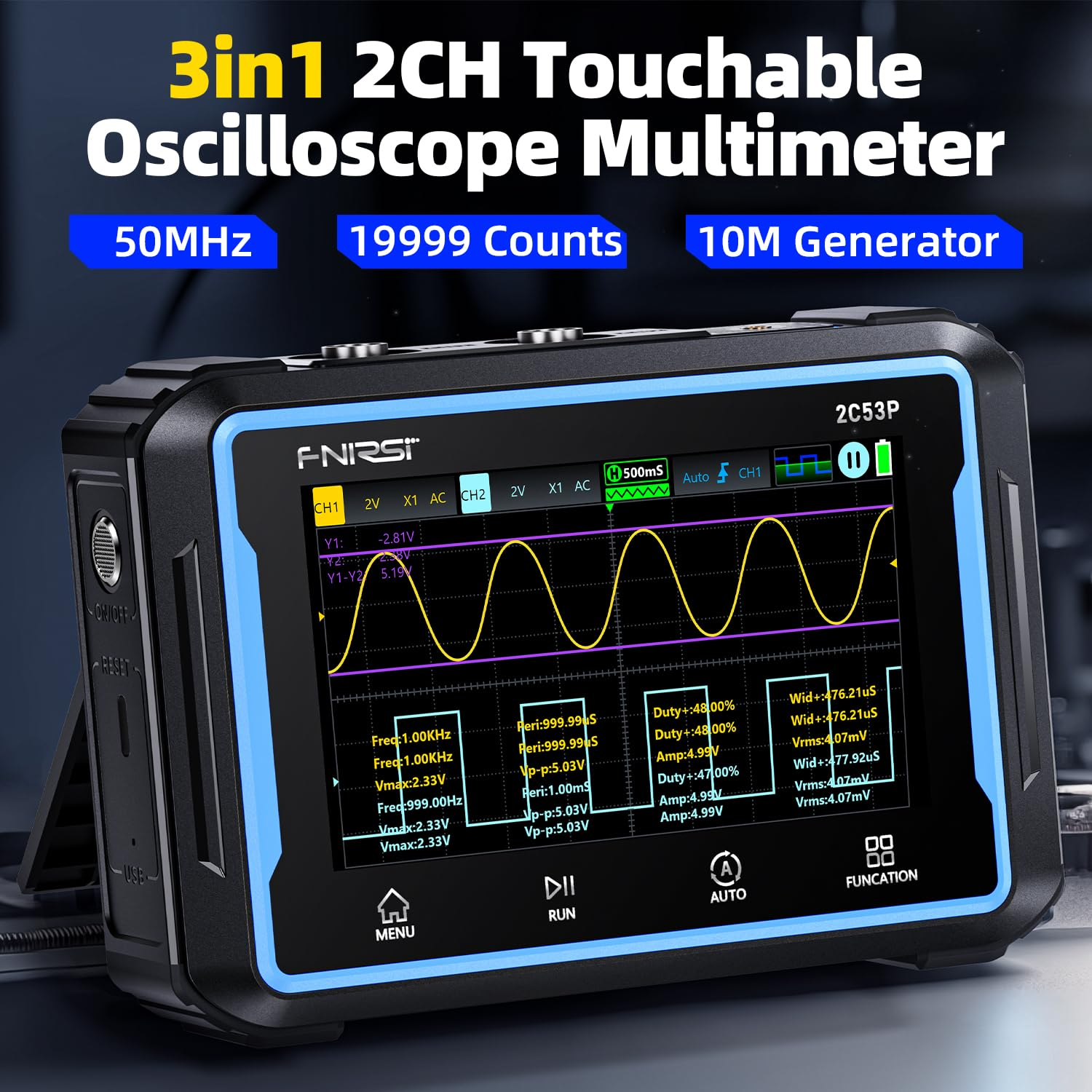 Wadukud 2C 53P 3 in 1 Digital Oscilloscope Multimeter Signal Generator, 250 Msa/S Sampling Rate 50Mhz Dual Channel Oscilloscope, Handled Multimeter with Multimeter Pen, Digital Oscilloscope Kit image number 1