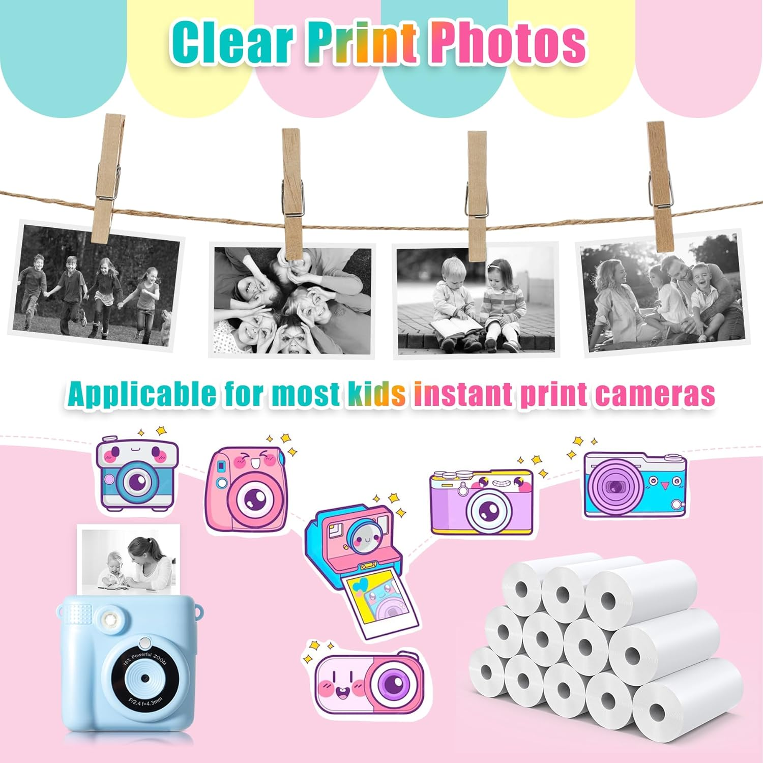12 Rolls Instant Print Camera for Kids Refill Print Paper - Hikkon Thermal Print Paper Rolls Photo Print HD Printing for Most Kids Instant Camera (White) - Purple,Orange,Green image number 4