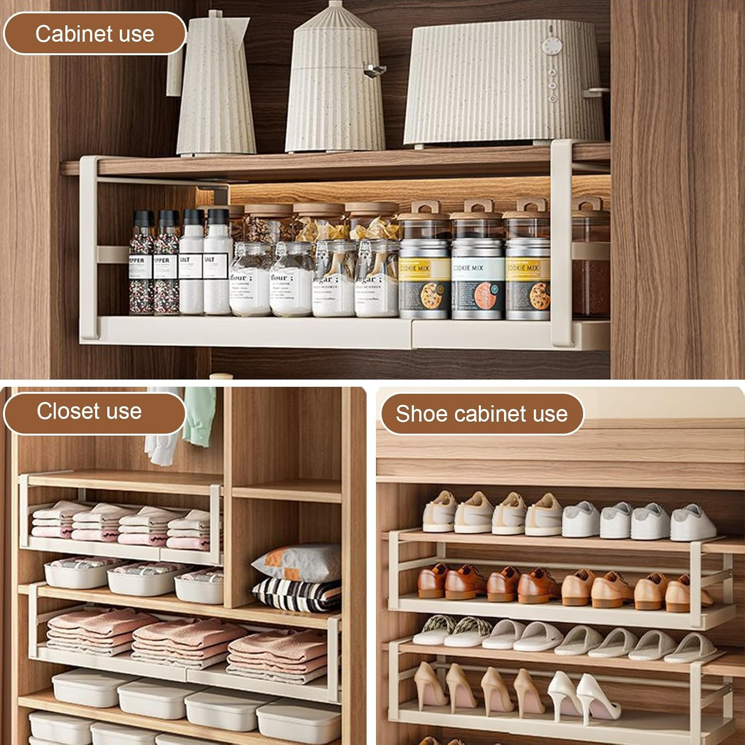 2 Pack under Shelf Storage Basket Organizer, Adjustable Hanging under Cabinet Shelf Add-On Storage Racks Slide-In Baskets Organizer for Laundry Room Kitchen Pantry (Milky White) image number 6