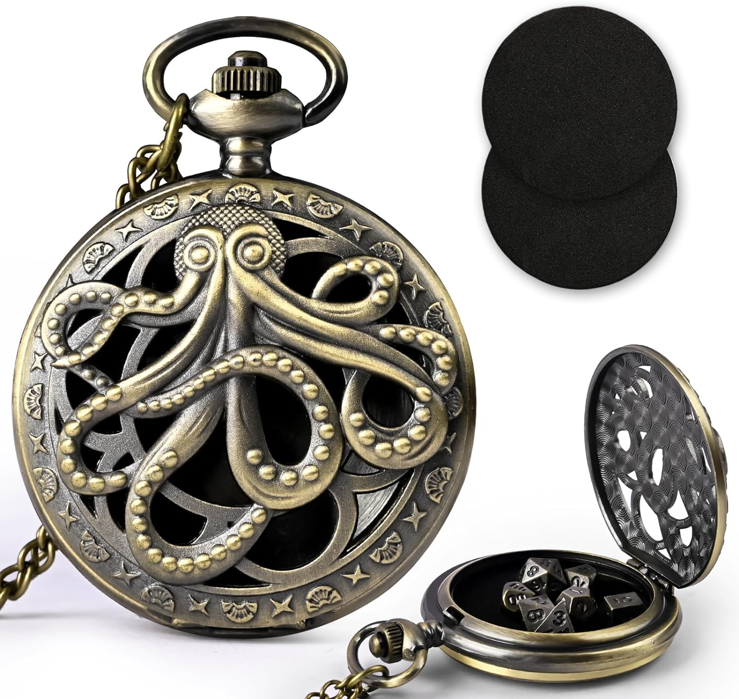 Mini DND Dice Set with Pocket Watch Shell, 7PCS Polyhedral Metal Dice Set Perfect for Dungeons and Dragons Gifts, MTG, Role Playing Board Games Accessory (Zy01-Black)