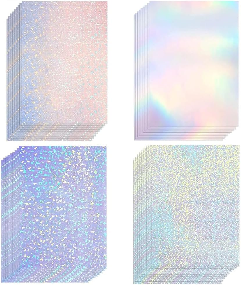Granmagazz Self-Adhesive Paper Holographic Transparent Paper 36 Sheets A4 Waterproof Self-Adhesive Transparent Film, Clear Vinyl Lamination Film Self Adhesive, for Inkjet/Laser Printer