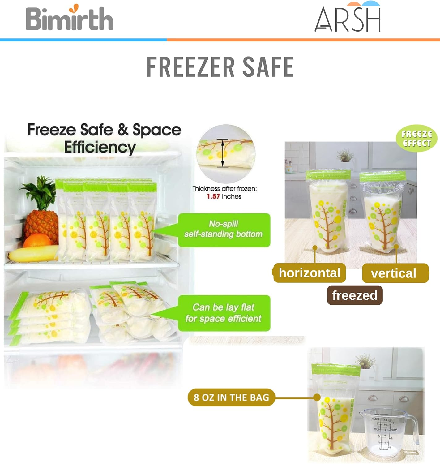 ARSH Breastmilk Storage Bags (112 Bags - 200 Ml) Freezer Safe Transparent Breast Milk Storage Bag with Double Zipper Self Standing, Leak Proof, Presealed image number 2