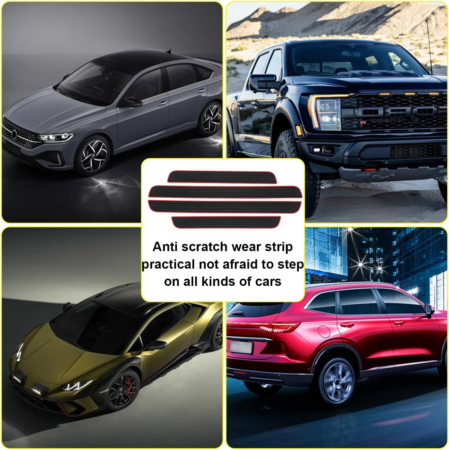 NTNEV 4 Pcs Door Sill Plate Protectors, PVC Soft Rubber Front Rear Entry Guards, Scuff Cover Panel Step Protector, Car Accessories for Most Vehicles (Black Red-Not Pattern)