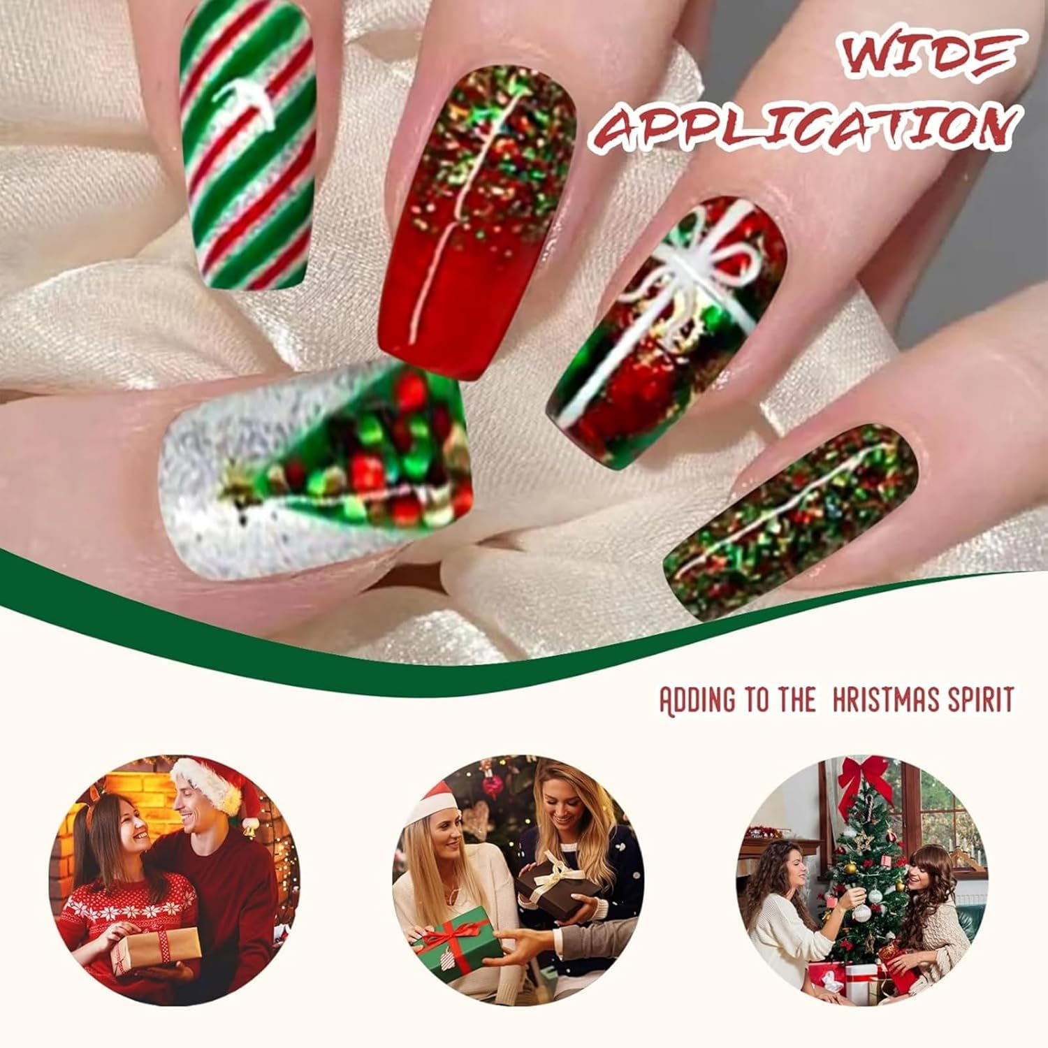 Itadaku 24 Pcs Christmas Press on Nails, Medium Length Acrylic Red Green Stripe and Tree, French Square False Nail with Glue image number 6