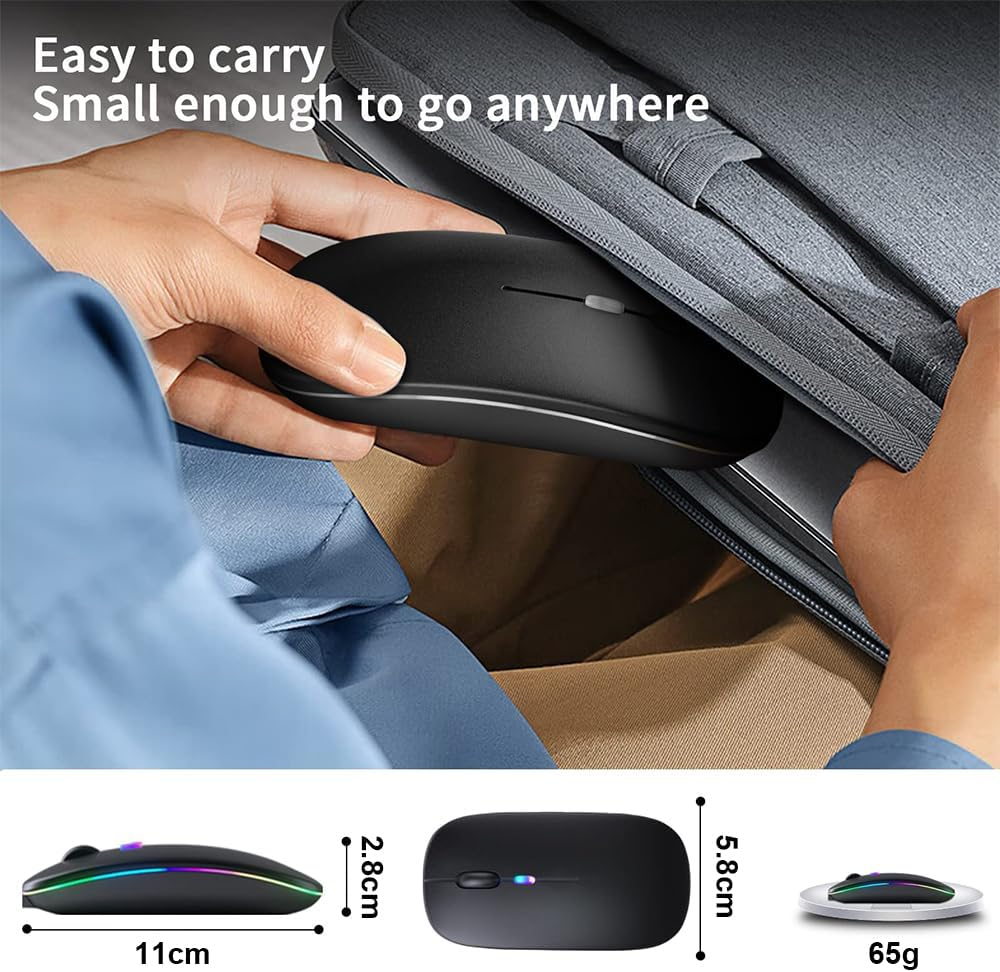 LED Wireless Mouse, Rechargeable Slim Silent Mouse 2.4G Portable Wireless Bluetooth Mouse Dual Mode with USB Receiver and Type C Adapter, 3 Adjustable DPI for Notebook, PC, Laptop (Black) image number 2