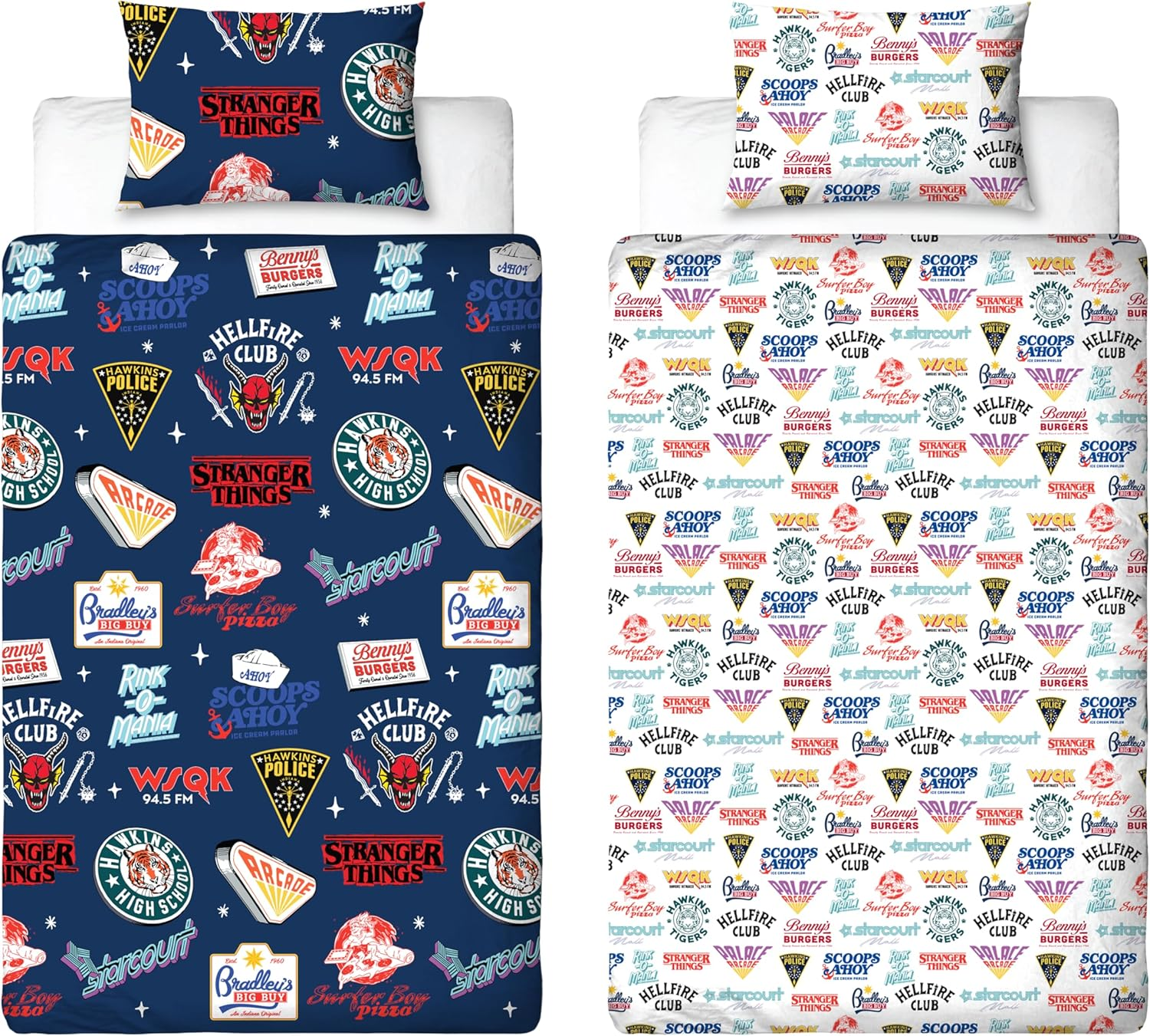 Stranger Things Official Single Duvet Cover | Gorgon Design, Reversible Easy Care Bedding 2 Sided Duvet Quilt Set with Matching Pillow Case, Multicolour Print with Hellfire Club, Hawkins Logos