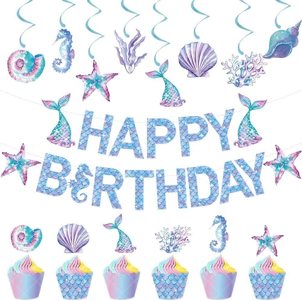 Mermaid Happy Birthday Banner Cake Toppers Hanging Swirls Cupcake Toppers under the Sea Little Mermaid Themed Birthday Decor for Mermaid Princess Birthday and Shower. image number 6