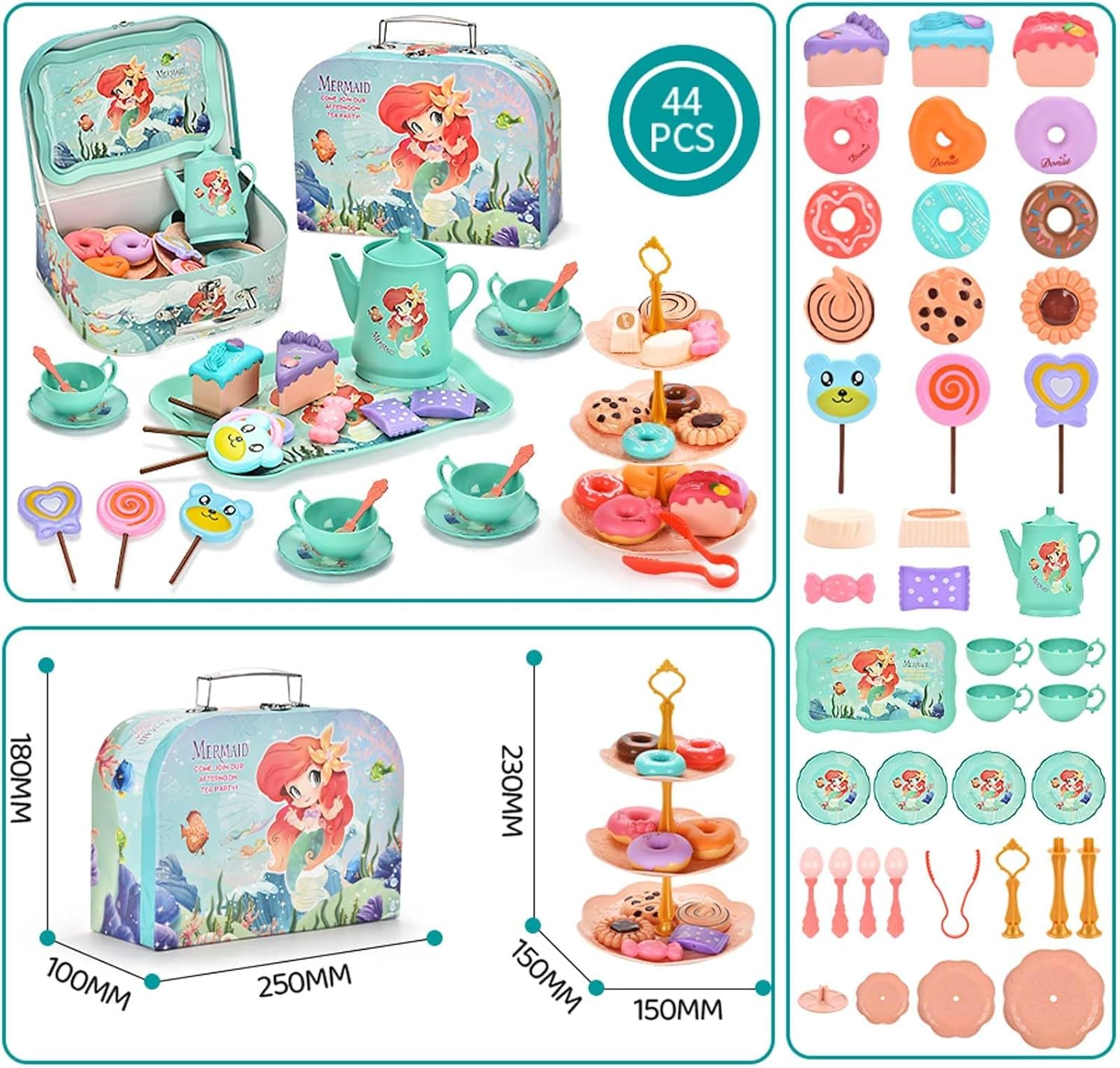 Mermaid Tea Party Set for Little Girls, 44PCS Food Sweet Treats Playset for Princess Tea Time Play Kitchen Toys Birthday Gifts for Age 3 4 5 6 Year Old Girls,Pretend Tin Teapot, Cups, Plates image number 6