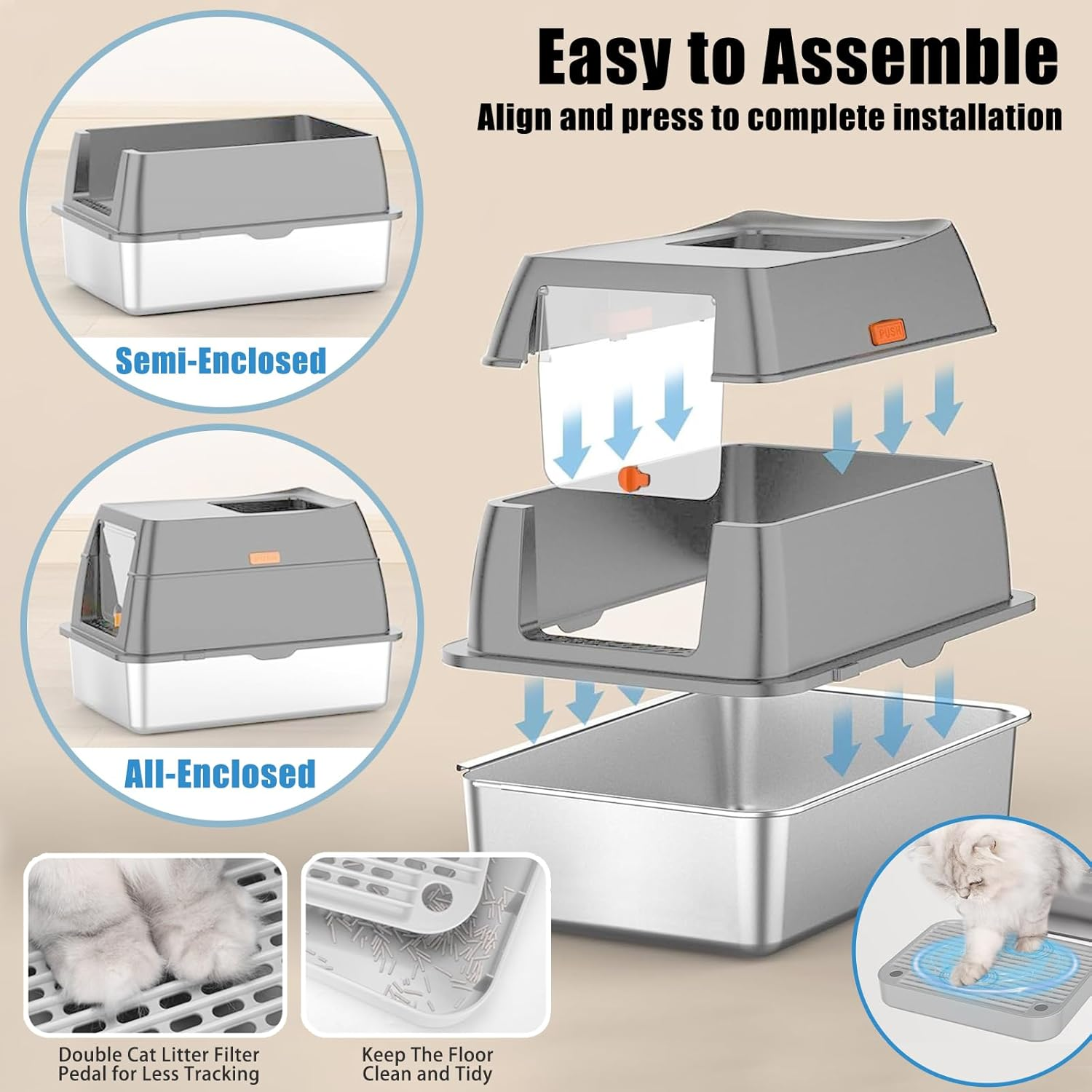 LIODUX 3-In-1 Cat Metal Litter Box Set, Stainless Steel Litter Box with Lid, Extra Large Litter Box for Big Cats, Top Entry Litter Box Enclosed with Double Filter Pedal & Scoop High Sided image number 4