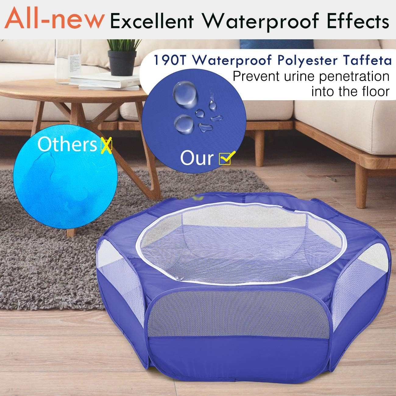 Pawaboo Small Animals Playpen, Waterproof Small Pet Cage Tent with Zippered Cover, Portable Outdoor Yard Fence with 3 Metal Rod for Chick/Kitten/Puppy/Guinea Pig/Rabbits/Hamster/Chinchillas,Indigo image number 5