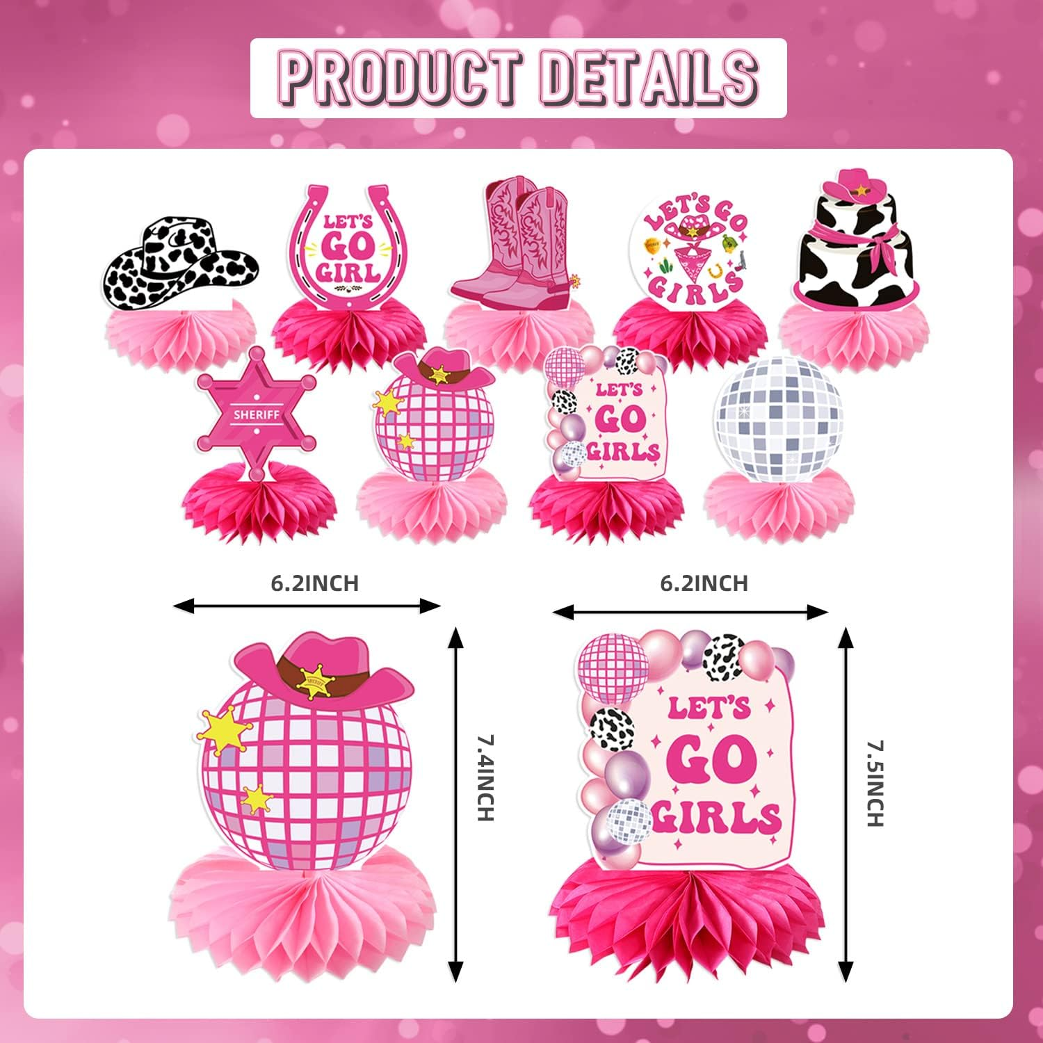 Lets Go Girls Bachelorette Party Decorations - 9Pcs Disco Cowgirl Decorations Honeycomb Centerpiece Pink Bachelorette Party Decorations Disco Western Cowgirl Party Decorations Girls image number 3