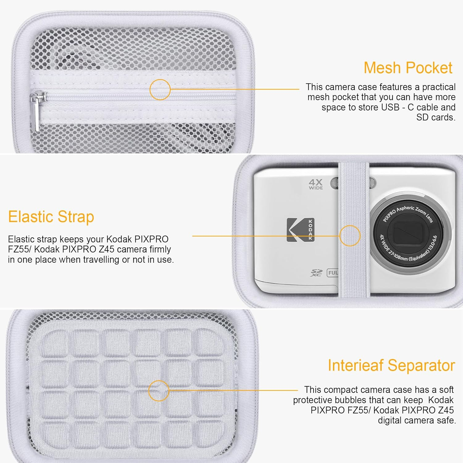 RAIALL Camera Case for Kodak PIXPRO FZ55/ FZ45 Digital Camera, Vlogging Camera Hard Carrying Case Protective Travel Bag, Mesh Pocket for Battery, Cable and SD Card, White image number 5