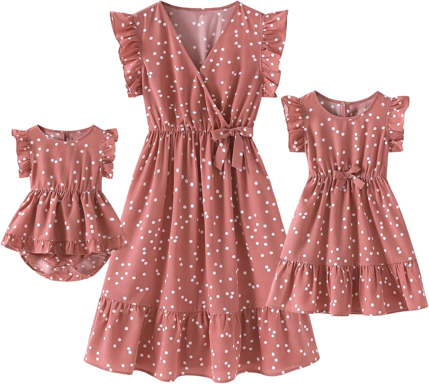 Focamia Pink V Neck Ruffle Short-Sleeve Splicing Butterfly and Floral Print Dress for Mom and Me
