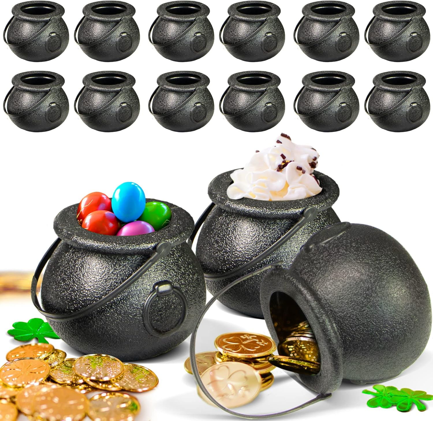 Novelty Place 12 Pcs Spooky Halloween Candy Cauldrons - Mini Black Cauldron Children Bucket Toys for St. Patrick&rsquo;S Day Pot of Gold, Trick or Treat, Halloween Decoration and Kid Birthday Party Favors
