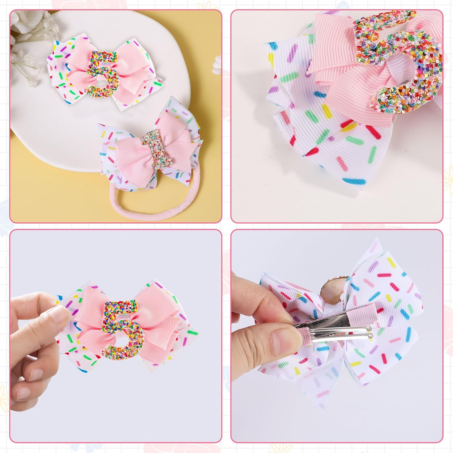 Pink Bow Birthday Hat, Elastics Baby Girl Bow Birthday Hair Bows Baby Bow Headbands Baby Hair Bows Hair Accessories Birthday Pink Bow Party Decorations for Baby Girl (5)