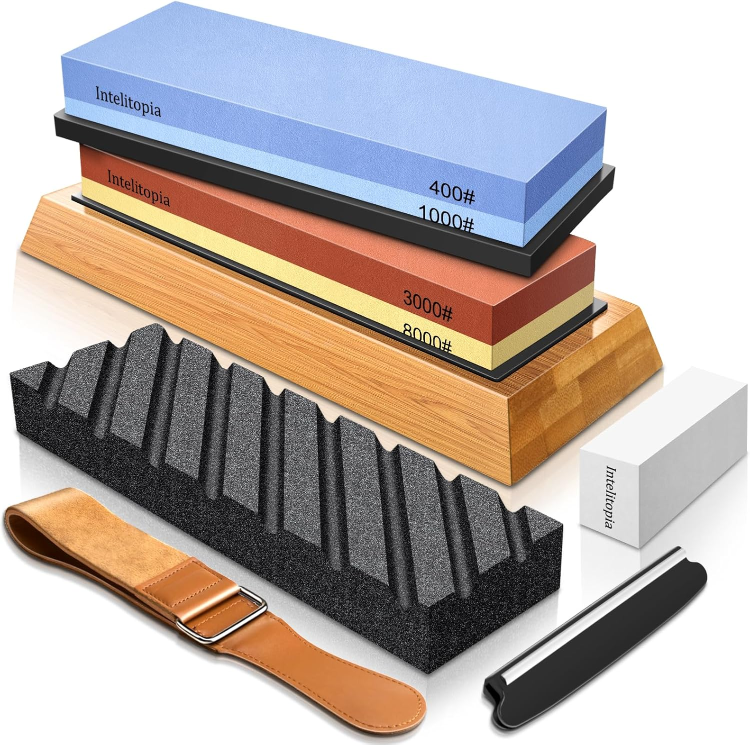 Complete Knife Sharpening Stone Set &ndash; Dual Grit Whetstone 400/1000 3000/8000 Premium Whetstone Knife Sharpener with Leather Strop, Flattening Stone, Bamboo Base, 3 Non-Slip Rubber Bases & Angle Guide image number 4