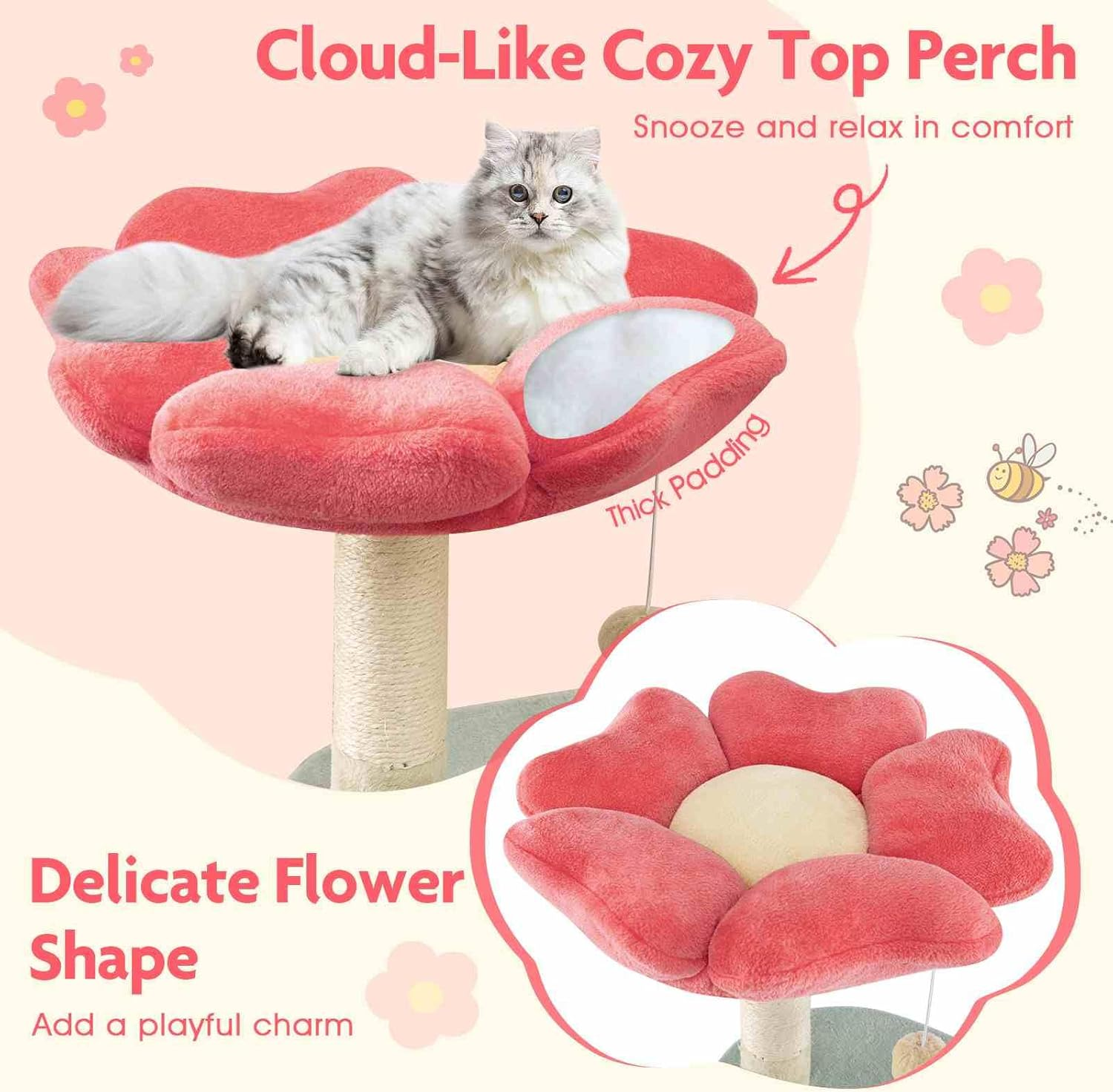 Costway 123 Cm Tall Cat Tree, Multi-Level Aesthetic Floral Kitten Tower W/Flower-Shaped Plush Padded Perch, Condo, Sisal Scratching Posts, Dangling Ball, Indoor Cat Climbing Furniture (123 Cm) image number 5