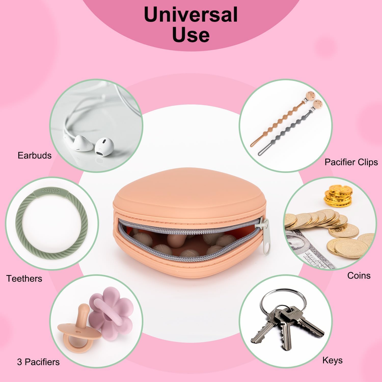 Swelive 2 Pack Silicone Pacifier Holder Case, Portable Pacifier Case for Diaper Bag, BPA Free Newborn Baby Pacifiers Silicone Pouch for Boys & Girls (Light Grey+Shifting Sand) image number 5