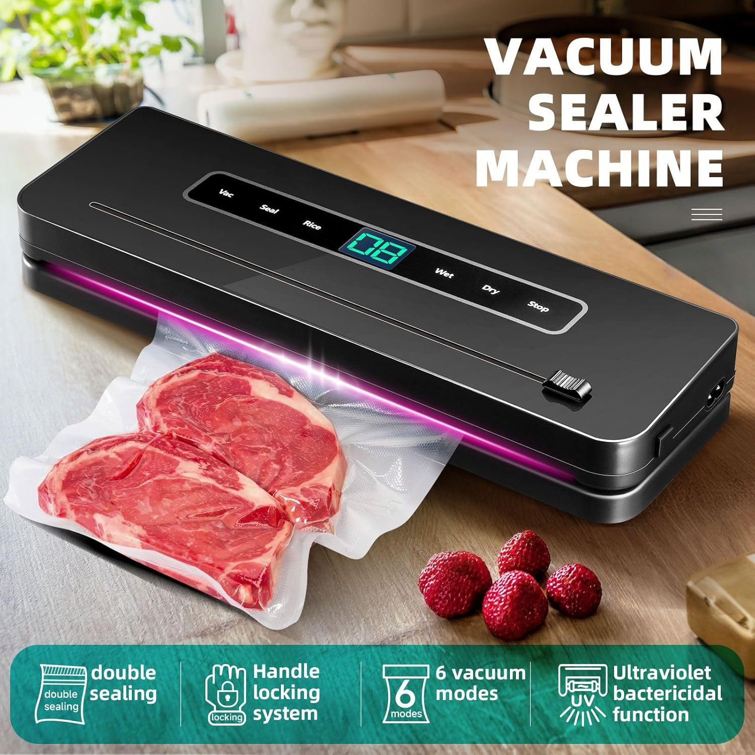 80Kpa Vacuum Sealer Machine Fresh Meat Dry Wet Food Saver Storage Machine Heat Packing120W Countertop Automatic Airtight with Bags image number 4