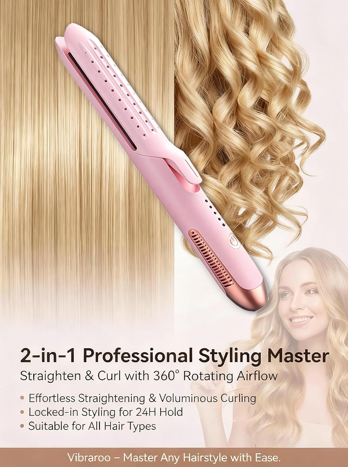 Cool Air Styler 2-In-1 Hair Straightener and Curler | 360&deg; Airflow for Damage-Free Styling & Long-Lasting Hold, Ionic Anti-Frizz Tech AU Plug (Pink) image number 3