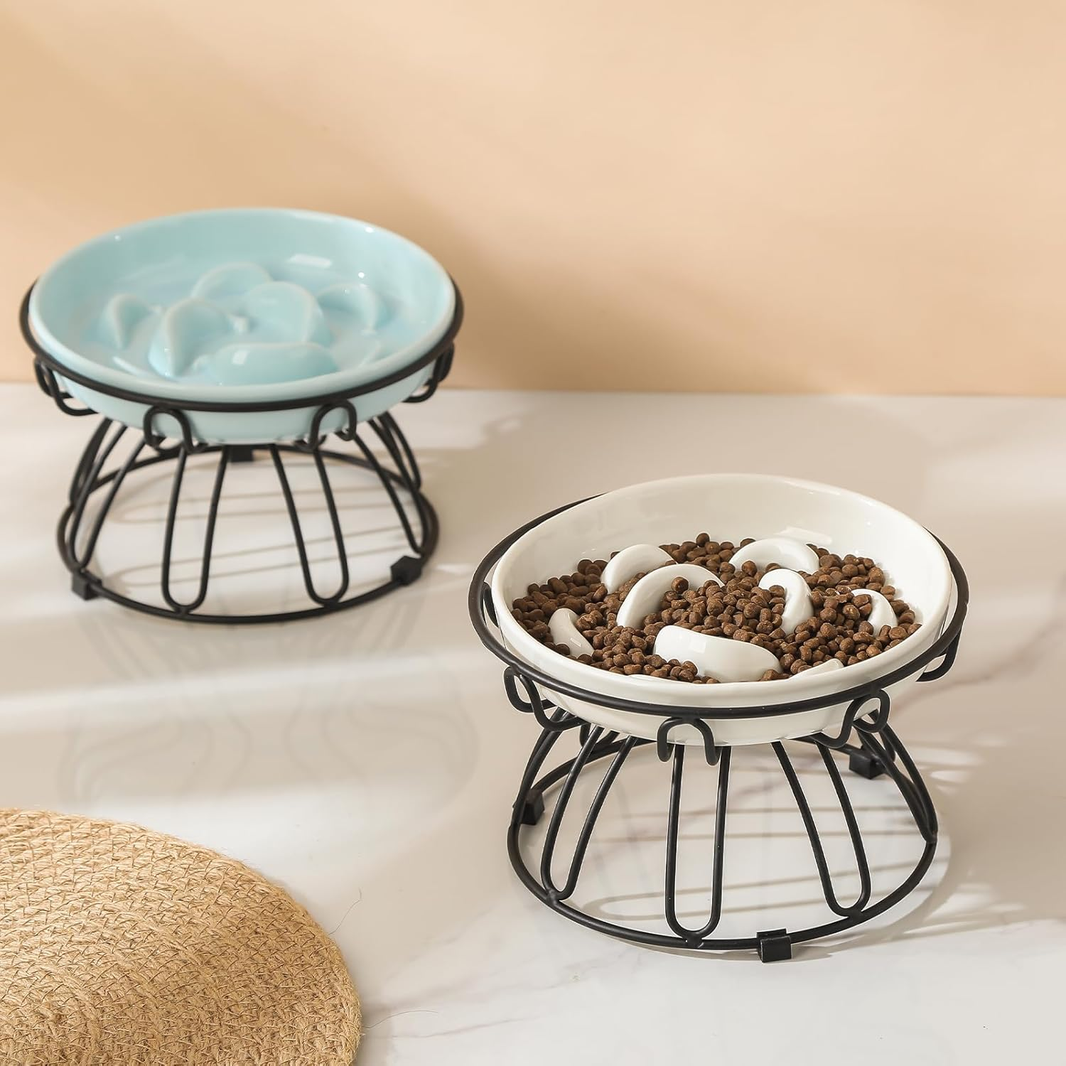 PTOBER Cat Slow Feeder &ndash; Anti-Overeating Cat Bowl with Non-Slip Metal Stand &ndash; Ceramic, Ivory White - Ivory White image number 4