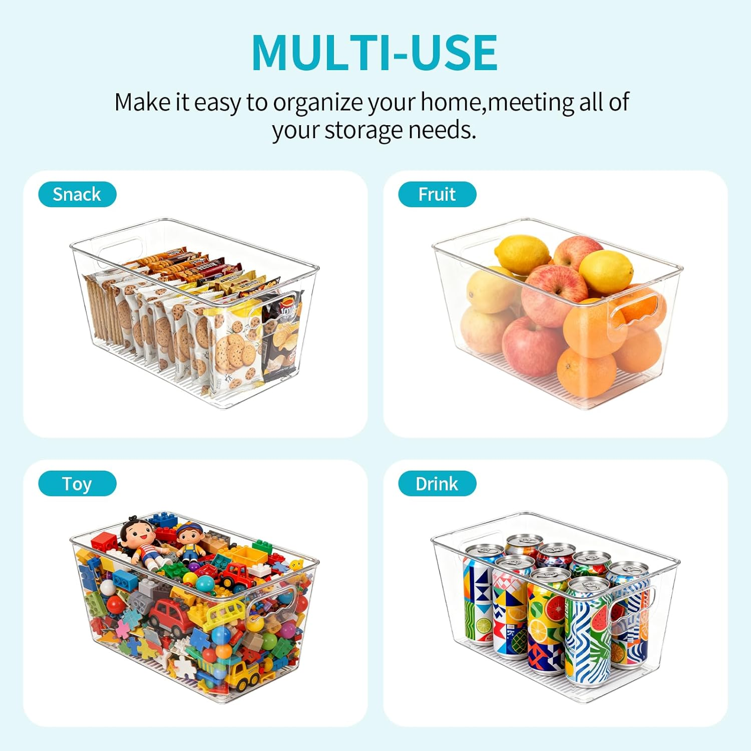 6 PCS Pantry Organiser, Food Containers for Fruits, Vegetables, Snacks, Clear Plastic Kitchen Storage & Organisation Bins with Handle, Medium Snack Box for Fridge, Cabinet, Countertops image number 6