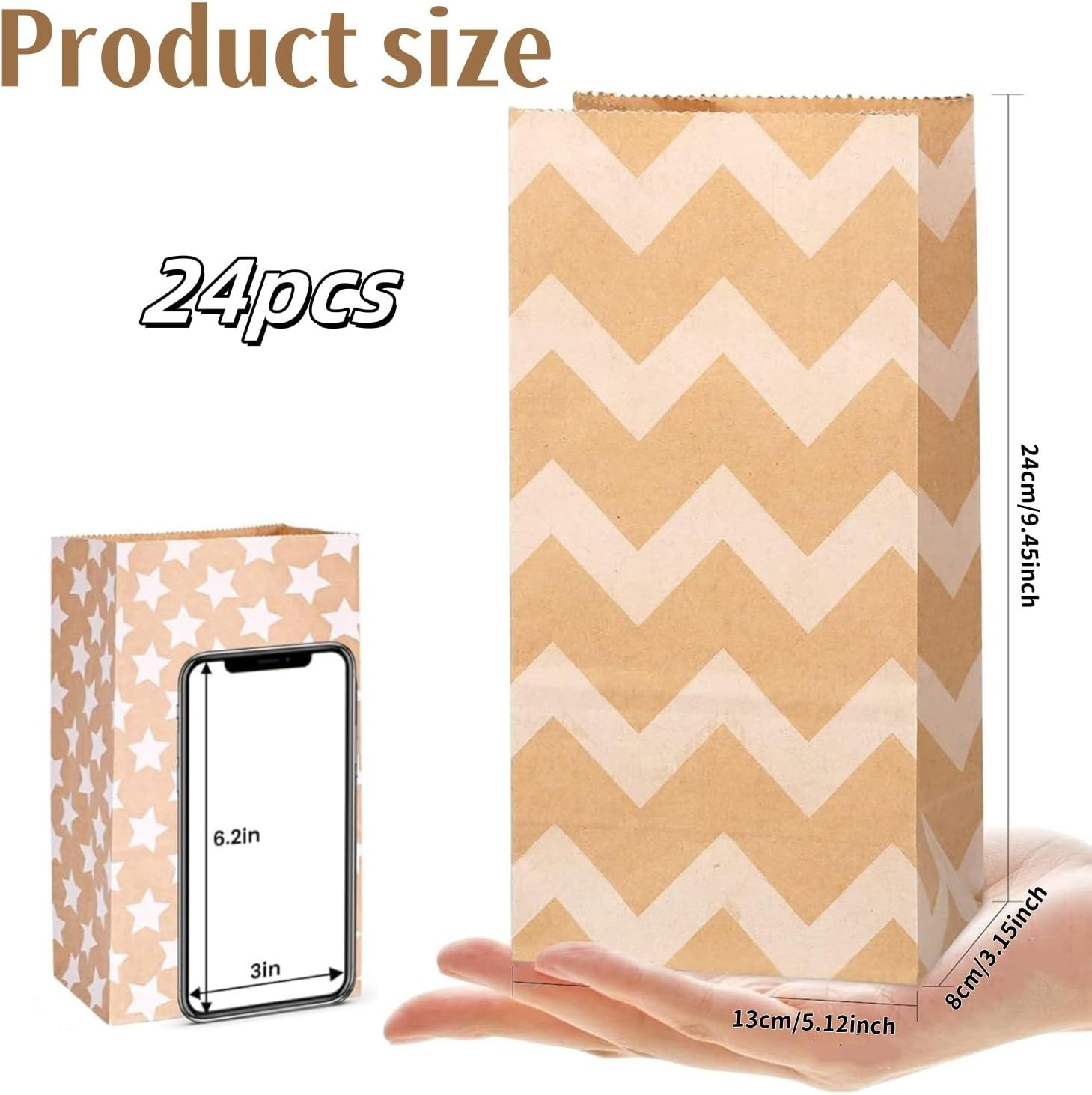 24PCS Kraft Paper Gift Bags Set with Thank You Stickers, 6 Mixed Patterns ﻿ image number 3