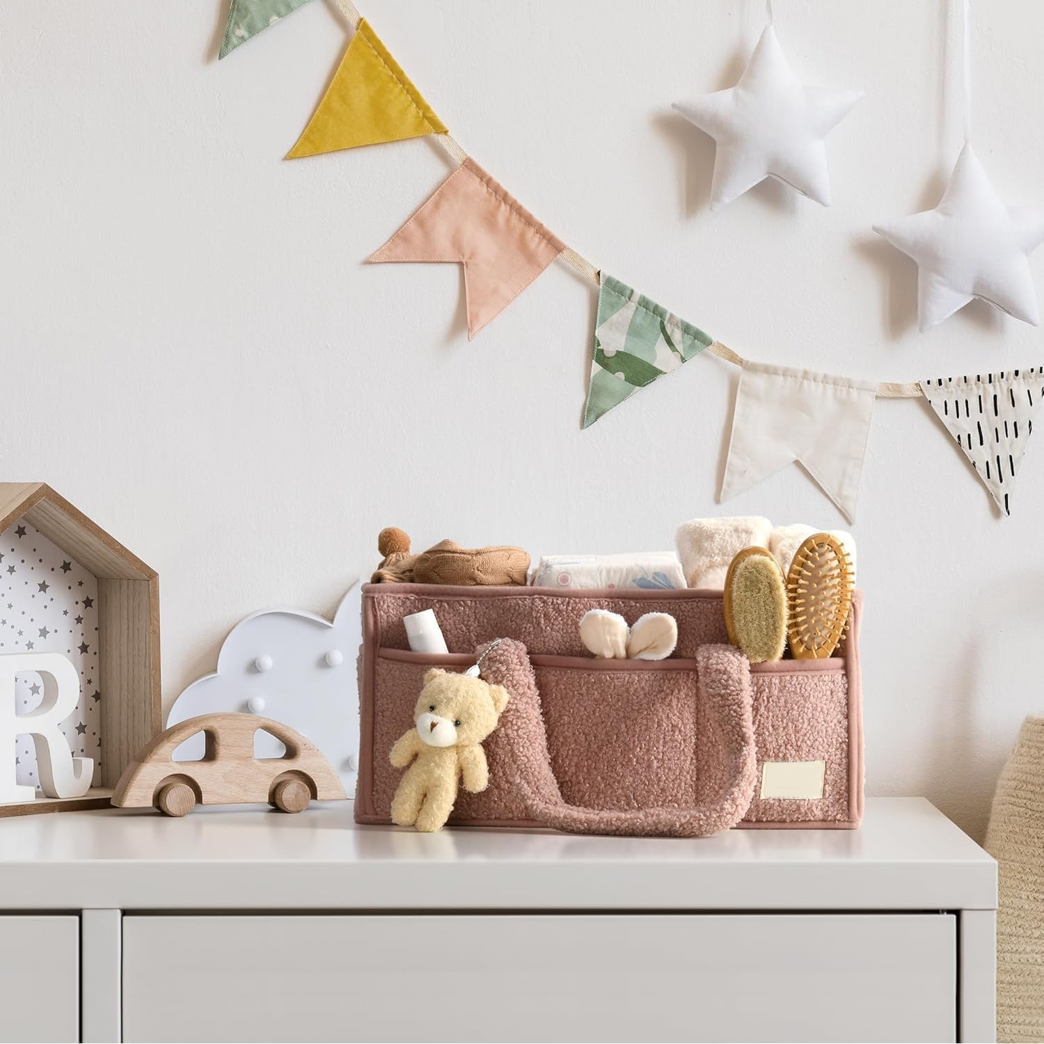 Baby Diaper Caddy Organizer Nappy Caddy Bag Portable Felt Nursery Essential Storage Basket for Baby Essentials, Spacious Car Travel Organizer with Multi Pockets Changing Table Organizer (Powder Pink)