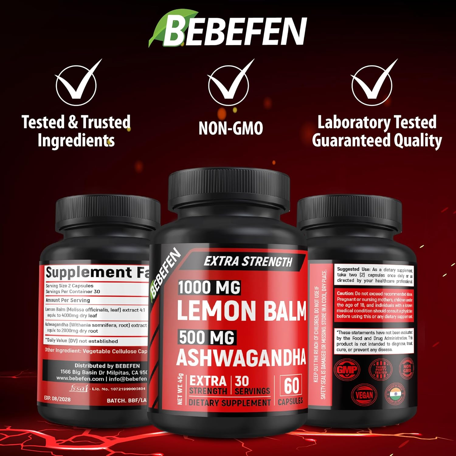 Lemon Balm 1000 Mg with Ashwagandha Root 500 Mg Supplement &ndash; Non-Gmo, Gluten Free (60 Capsules) image number 1