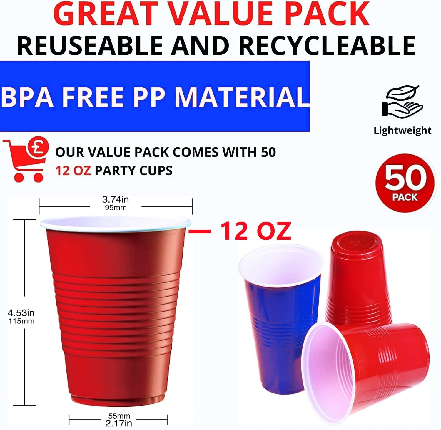 Party Cup Set, 50 Pong Cups 500 Ml/16 Oz, Party Cups Red and Blue, Repeatable Cups for New Year, Christmas, Camping, Wedding (Red) image number 2