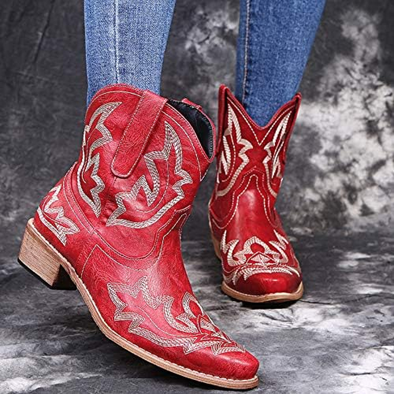 Kinyahoe Cowboy Boots for Women Cowgirl Western Ankle Boots Ladies Short Embroidered Pointed-Toe Low Heel Stitched Classic Retro Booties US6-10.5