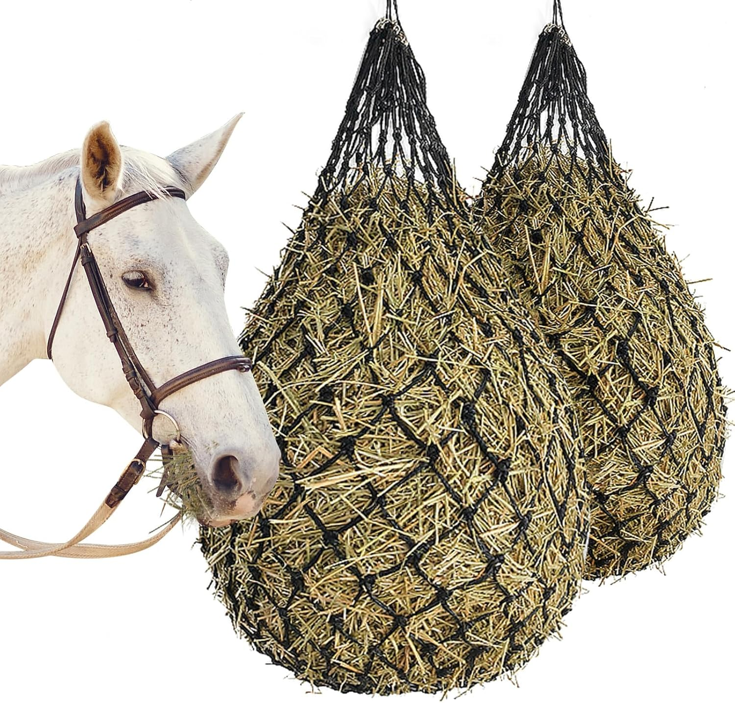 2PCS Hay Bags - 40" Ultra-Slow Feed Hay Net Bag Heavy-Duty Nylon & PE with 4" Holes for Horses, Goats, Sheep, Alpacas - Regulate Hay Intake, Improve Digestion, Hanging Stable Feeder image number 2