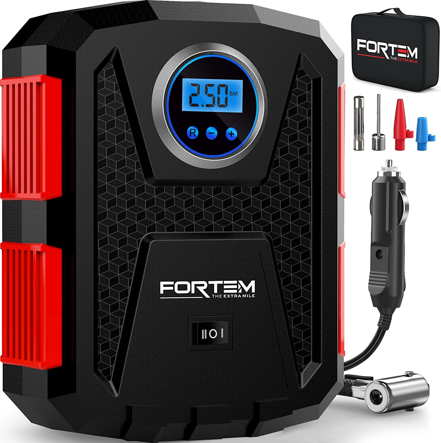 FORTEM Tire Inflator 150 PSI, Bike Pump, 230V AC 12V DC Air Pump for Car Tires, Digital Tire Pressure Gauge W/Auto Pump/Shut Off, Carrying Case