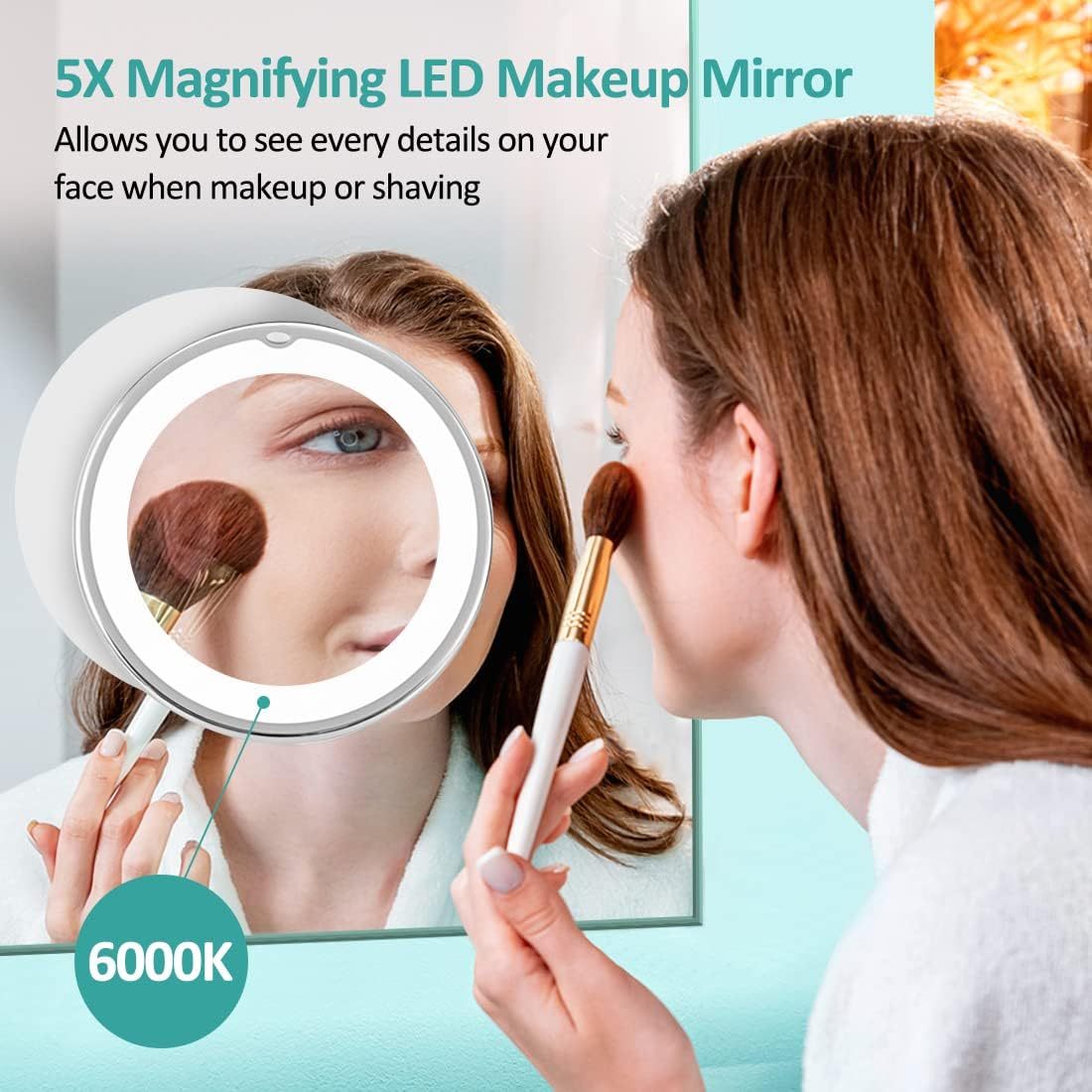 EMKE 5X Magnifying Shaving Mirror with Light, LED Travel Makeup Mirror with Locking Suction Mount | 360&deg; Swivel | Cool Light | Battery, Portable Illuminated for Bathroom, 175Mm (UCM03BTMX1W) image number 1