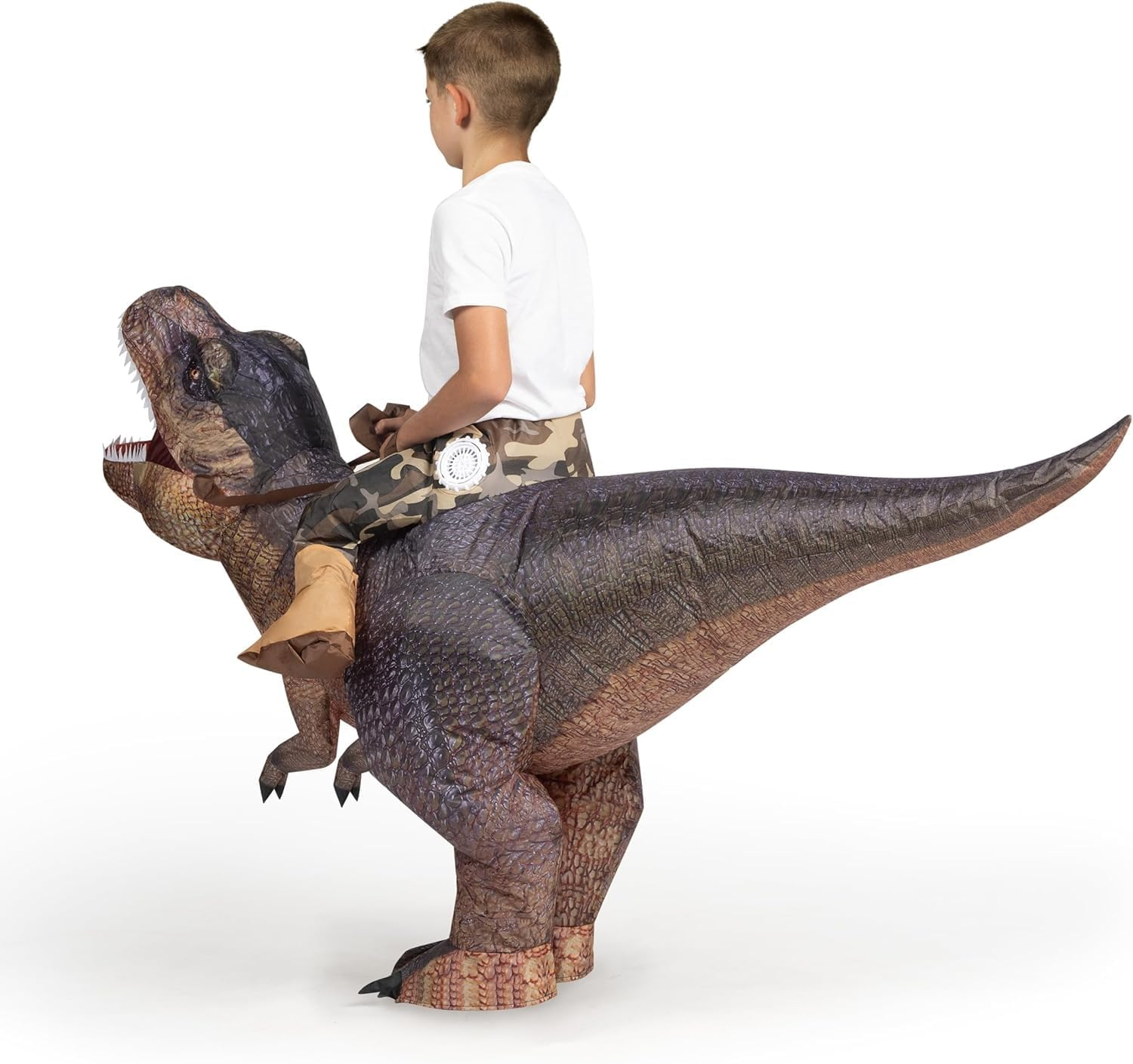 Spooktacular Creations T-Rex Inflatable Costume for Kids, Funny Air Blow up Costumes, Digital Printing Ride-On Dinosaur for Halloween Parties, (Brown S)