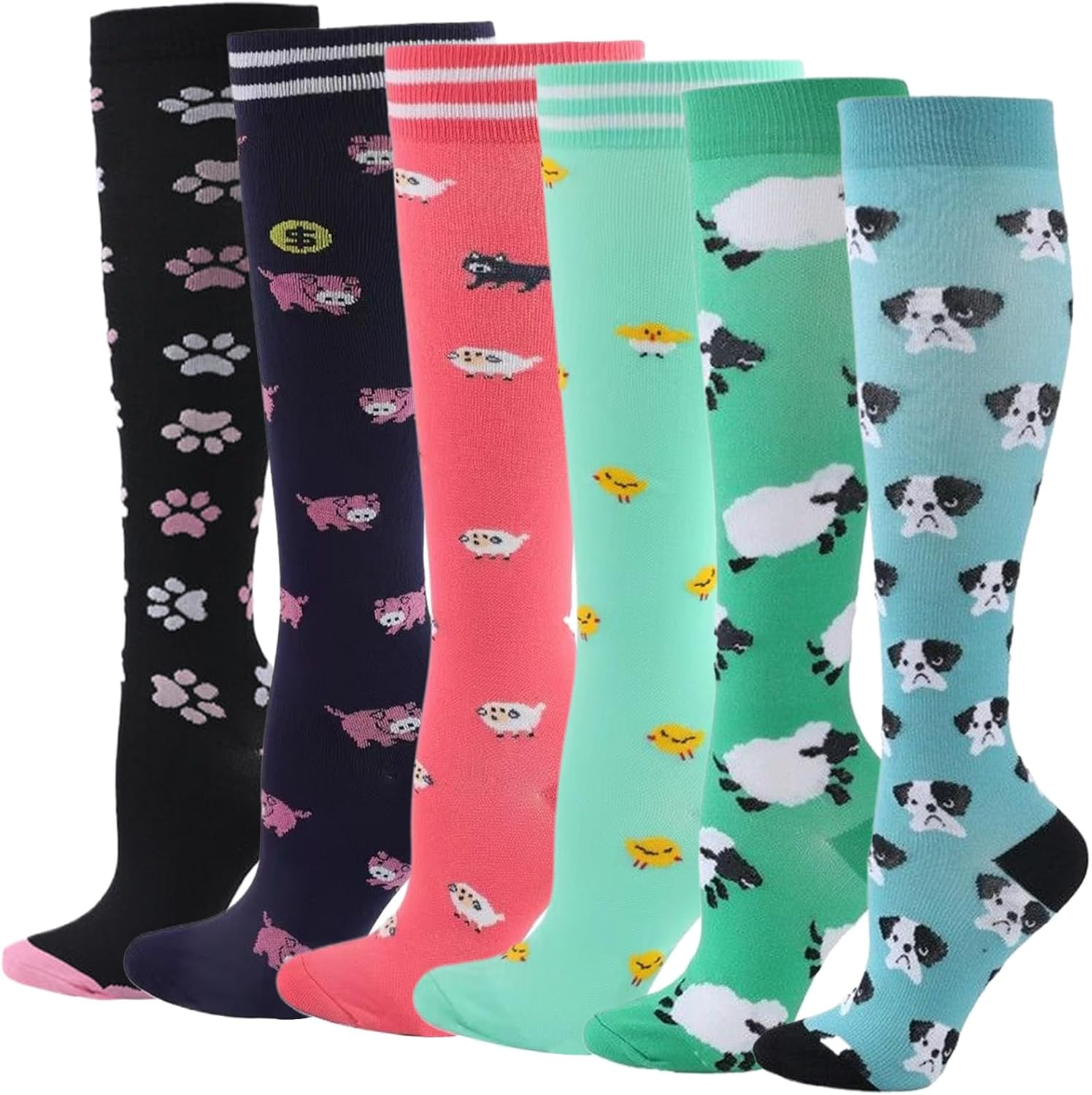 Dress Cici Compression Socks for Women, Heart, Dot, Striped, Floral, Animal, Ribbon, Tree, Geometric, Fruit, Food, Gradual, Knee High Compression Stockings Sock (6 Pairs)