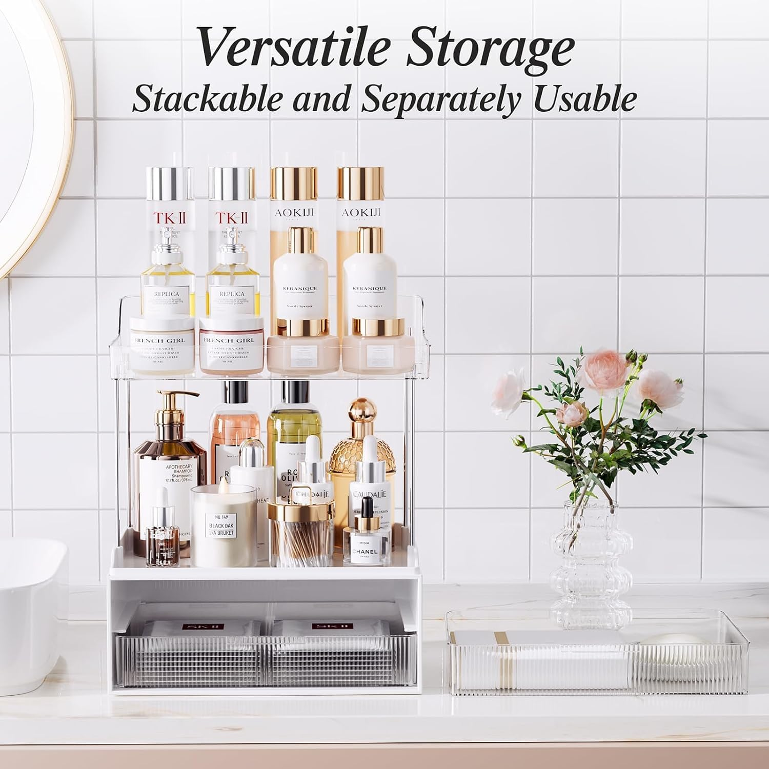Bathroom Counter Organizer, 2 Tier 2 Drawer Makeup Countertop, Versatile Perfume Organizer, Makeup Organiser Storage, Large Skincare Organizers, Ideal for Bathroom Storage, Vanity, Perfume (Clear) - Clear image number 5