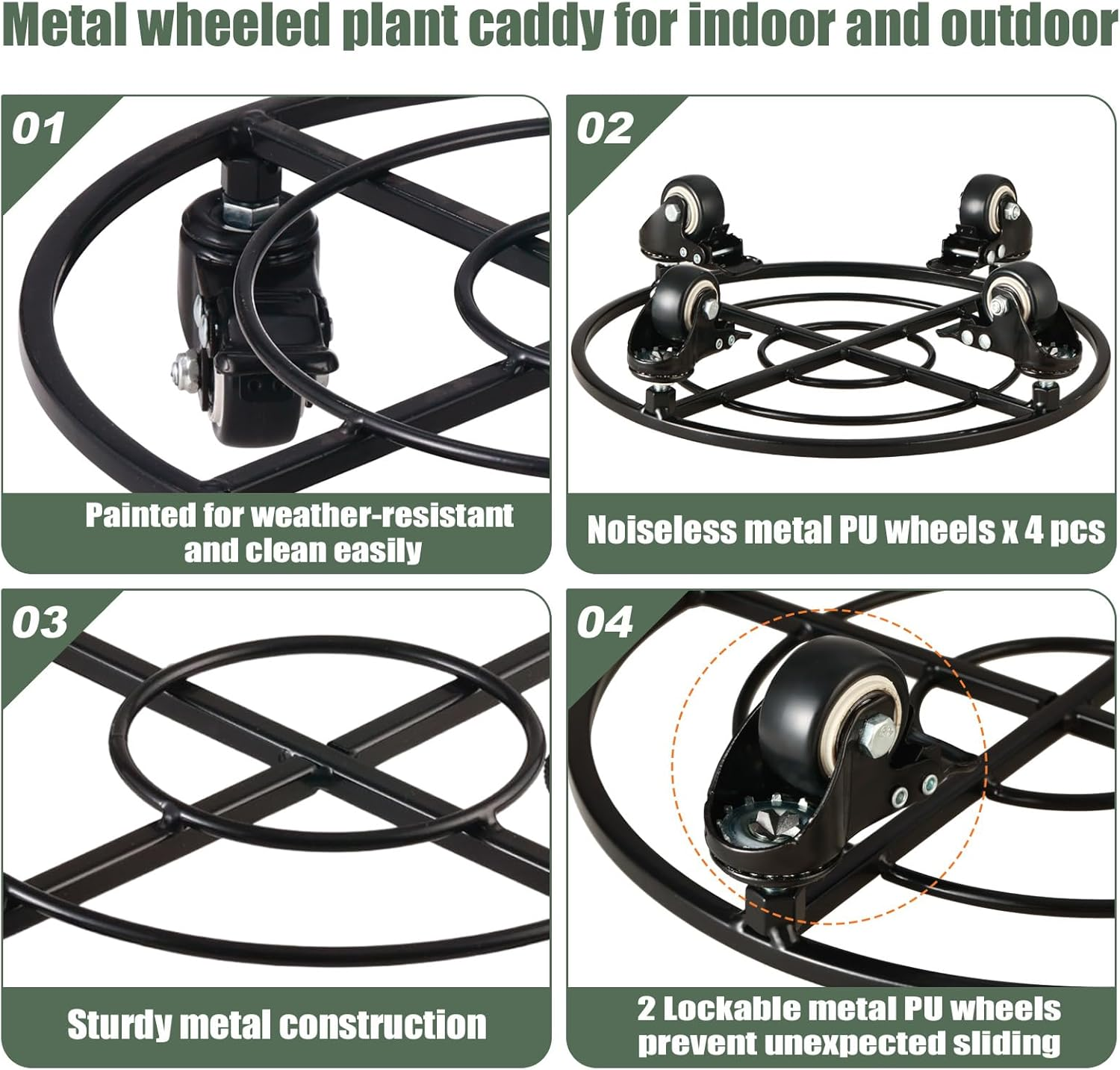 Kvyusflourish 2 Packs Large Metal Plant Caddy with Wheels 13.6" Rolling Plant Stands Heavy-Duty Wrought Iron Plant Dolly Plant Rollers Planter Mover with Casters, Strong Load Capacity image number 2