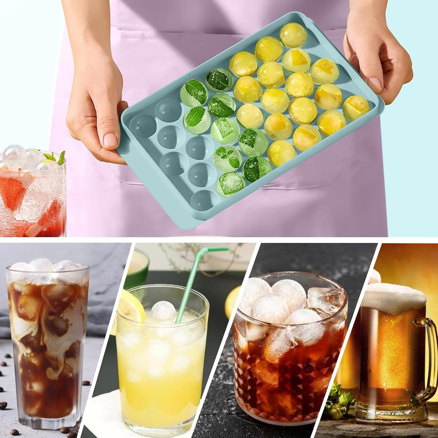 Ice Trays for Freezer, Ice Cube Tray with Lid and Bin, round Ice Cube Trays for Freezer, Circle Ice Cube Tray for Chilling Drinks