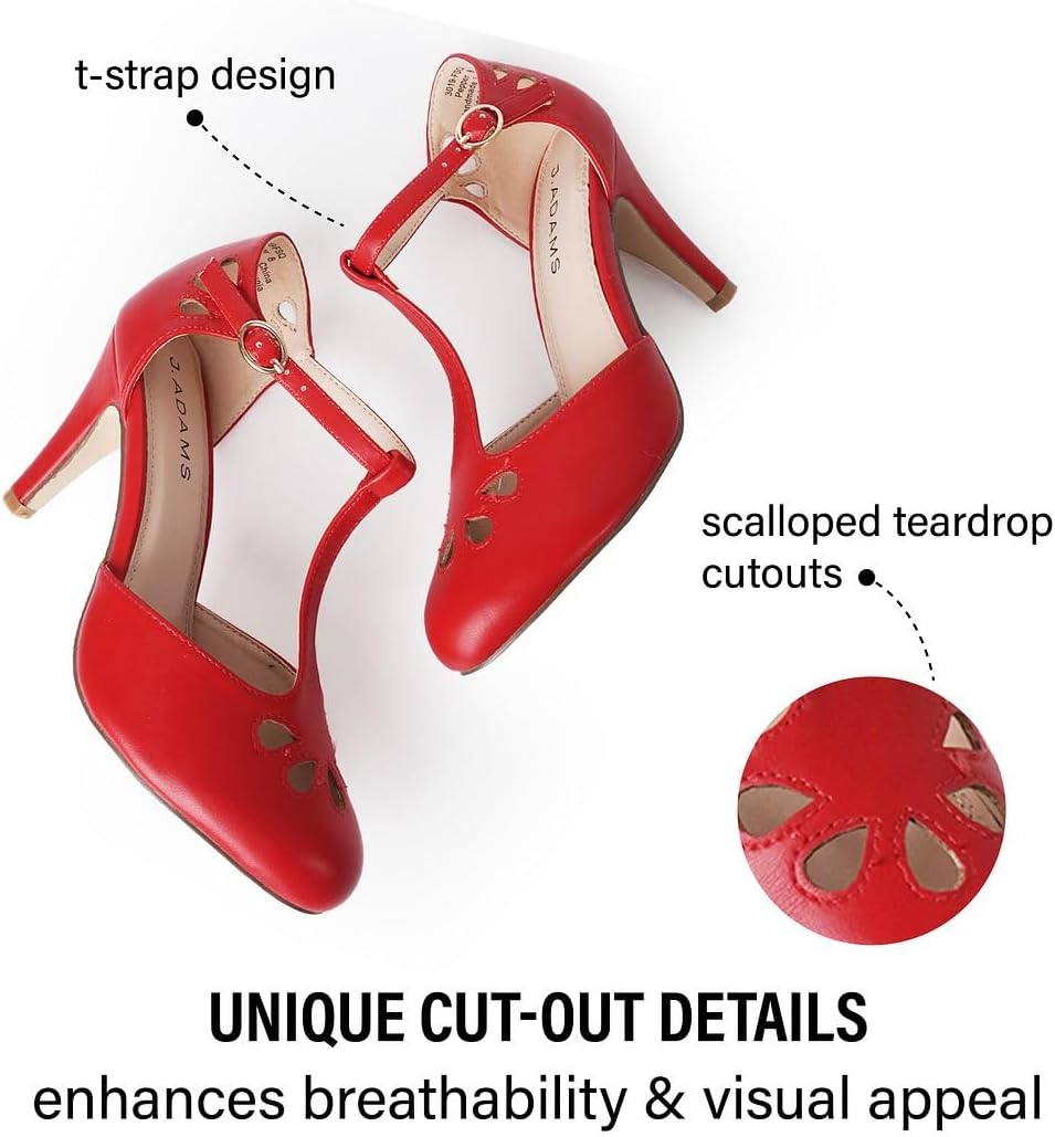 J. Adams Mary Jane Pumps - Vintage Tear Drop Cutout Low Kitten Heels - Retro round Toe Adjustable Ankle T Strap - Pepper By image number 7